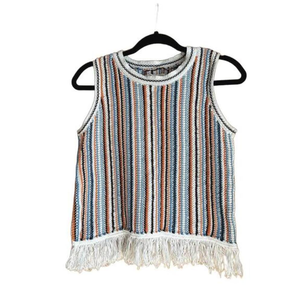 Lou & Grey by Loft Striped Knit Sleeveless Top with Fringe Hem Size S
